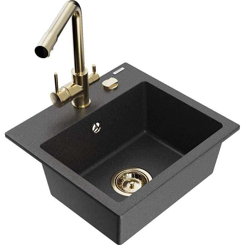 Mexen Milo Granite Sink 1-Bowl with Duero Kitchen Tap, Black Speckled - 6505-76-671600-50