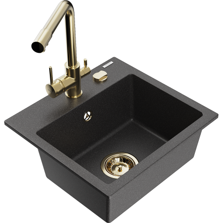 Mexen Milo Granite Sink 1-Bowl with Duero Kitchen Tap, Black Speckled - 6505-76-671600-50