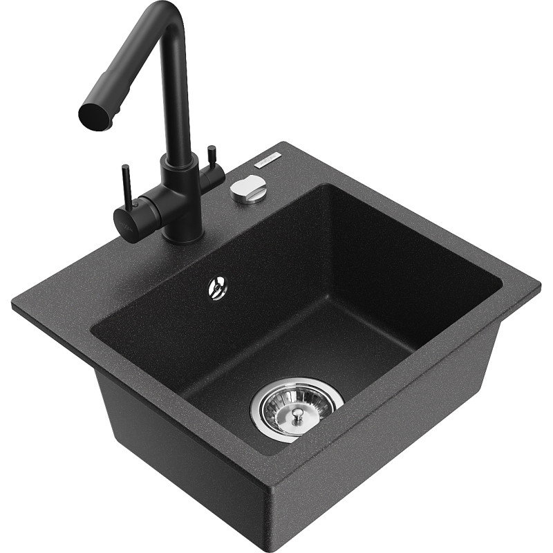 Mexen Milo 1-bowl granite sink with Duero kitchen faucet, black speckled - 6505-76-671600-70