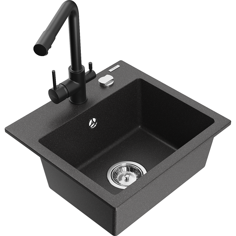 Mexen Milo 1-compartment granite sink with a kitchen mixer tap Duero, spotted black - 6505-76-671600-70