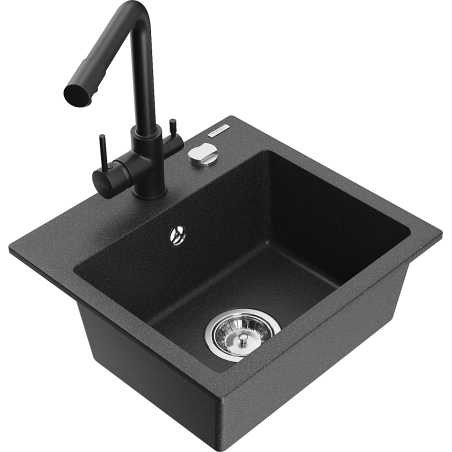 Mexen Milo granite sink 1-bowl with Duero kitchen faucet, black speckled - 6505-76-671600-70