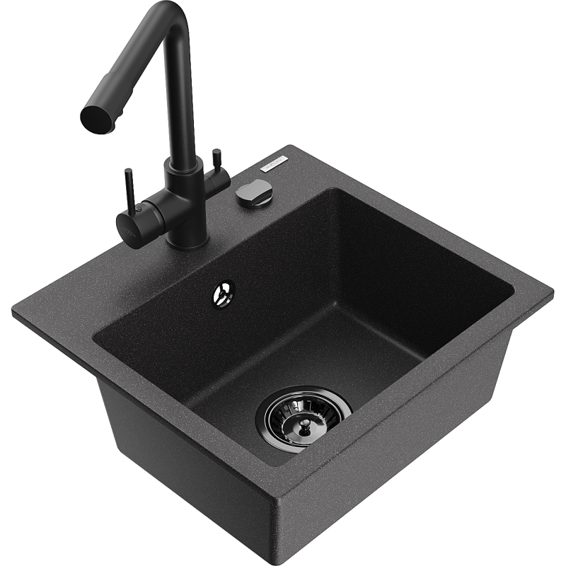 Mexen Milo 1-bowl granite sink with Duero kitchen tap, black speckled - 6505-76-671600-70-B