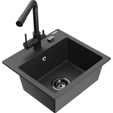 Mexen Milo 1-bowl granite sink with kitchen faucet Duero, black speckled - 6505-76-671600-70-B