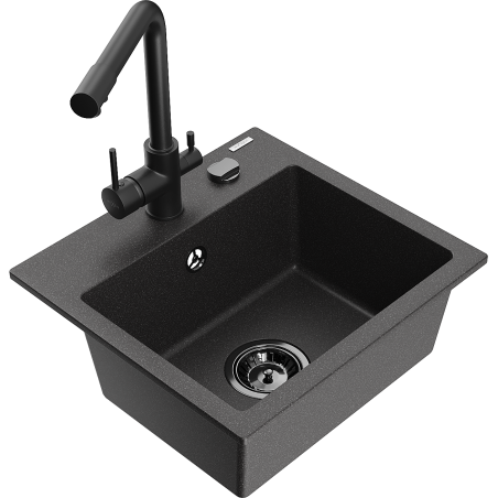 Mexen Milo granite kitchen sink 1-bowl with Duero kitchen faucet, black speckled - 6505-76-671600-70-B