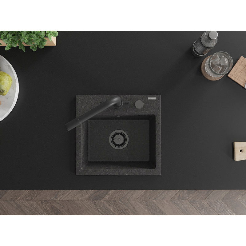 Mexen Milo 1-bowl granite sink with Duero kitchen tap, black speckled - 6505-76-671600-70-B