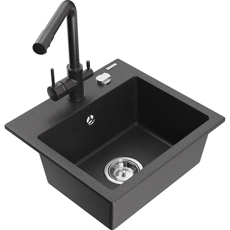 Mexen Milo 1-bowl granite sink with Duero kitchen faucet, black speckled - 6505-76-671600-76
