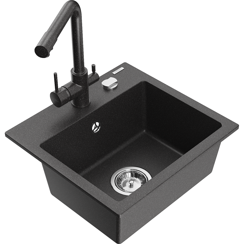 Mexen Milo granite kitchen sink single bowl with Duero kitchen tap, speckled black - 6505-76-671600-76