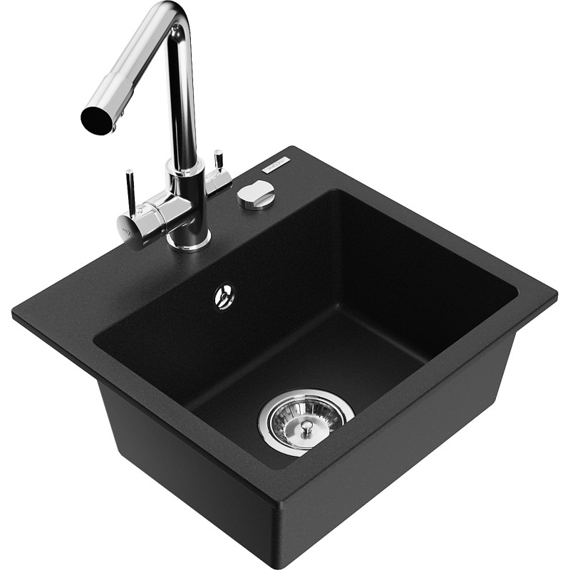 Mexen Milo 1-bowl granite sink with Duero kitchen faucet, black - 6505-77-671600-00