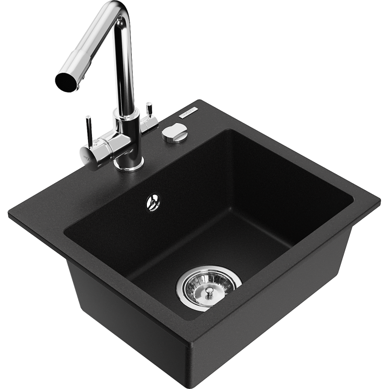 Mexen Milo 1-bowl granite sink with Duero kitchen tap, black - 6505-77-671600-00