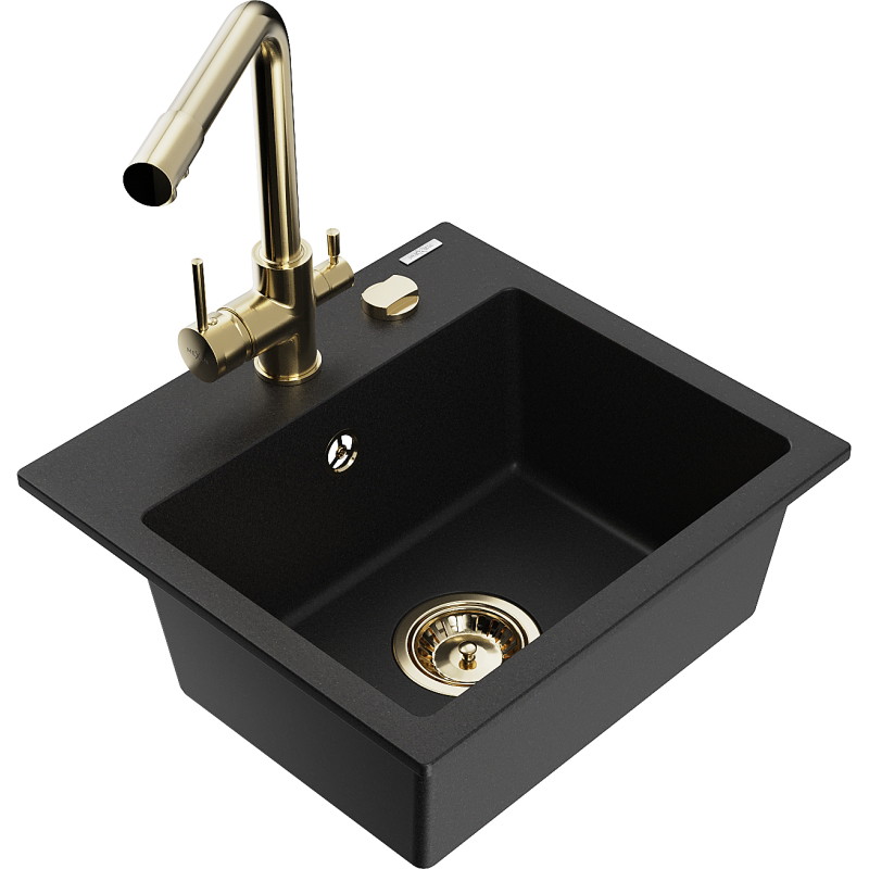 Mexen Milo 1-bowl granite sink with Duero kitchen faucet, black - 6505-77-671600-50