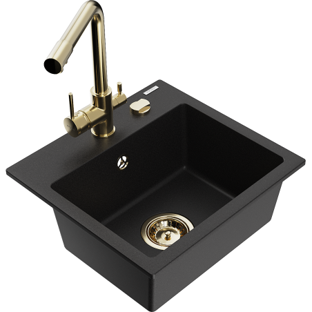 Mexen Milo 1-bowl granite sink with Duero kitchen faucet, black - 6505-77-671600-50