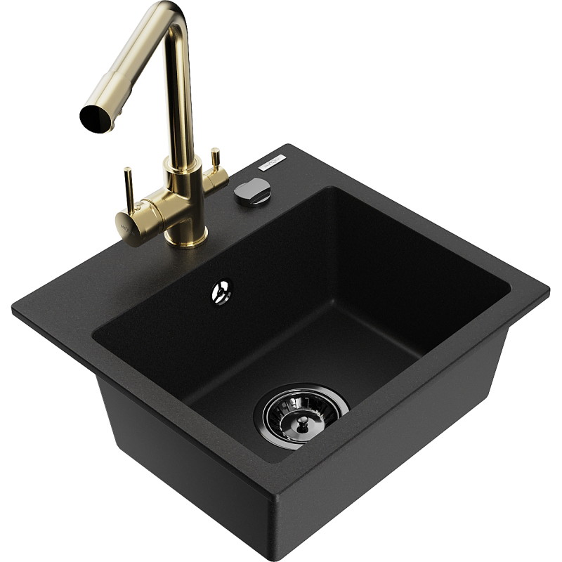 Mexen Milo 1-bowl granite sink with Duero kitchen faucet, black - 6505-77-671600-50-B