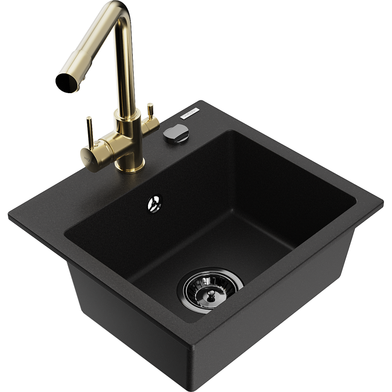 Mexen Milo 1-bowl granite sink with Duero kitchen tap, black - 6505-77-671600-50-B