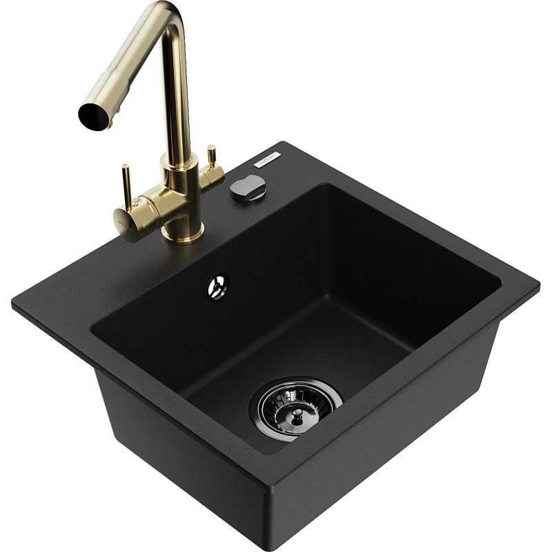 Mexen Milo 1-compartment granite sink with a kitchen mixer tap Duero, Black - 6505-77-671600-50-B
