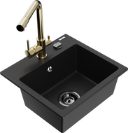 Mexen Milo granite sink 1-bowl with Duero kitchen faucet, black - 6505-77-671600-50-B