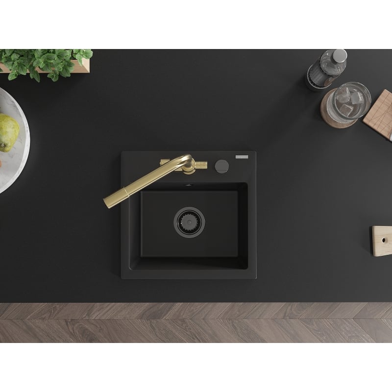 Mexen Milo 1-bowl granite sink with Duero kitchen faucet, black - 6505-77-671600-50-B
