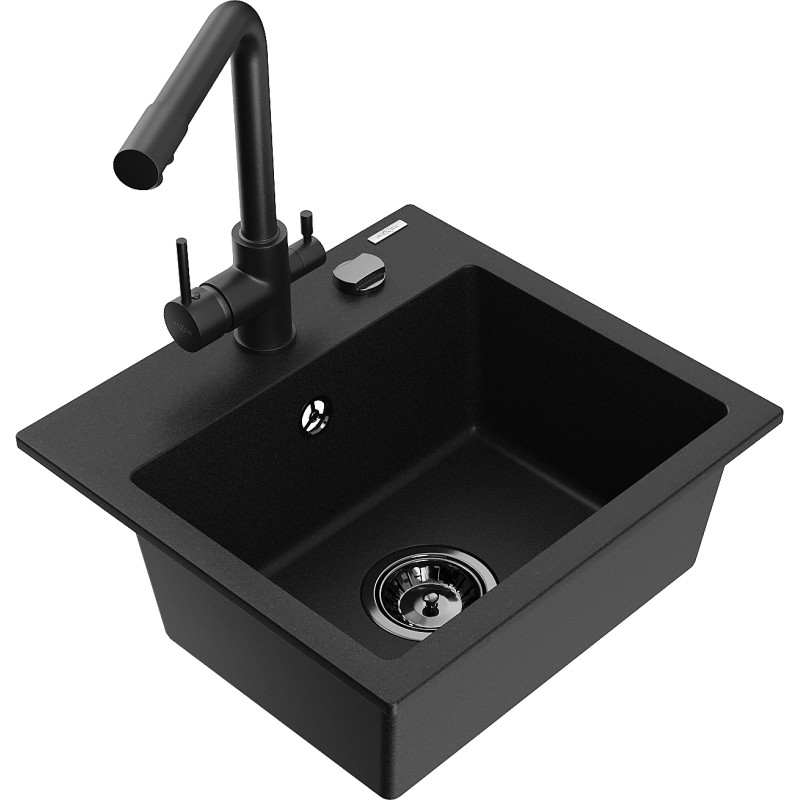 Mexen Milo granite single-bowl sink with Duero kitchen faucet, black - 6505-77-671600-70-B