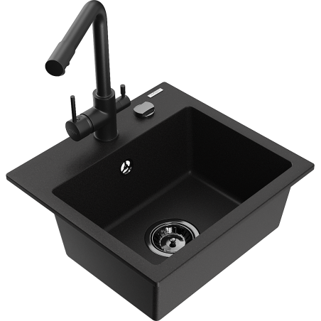 Mexen Milo granite single-bowl sink with Duero kitchen faucet, black - 6505-77-671600-70-B
