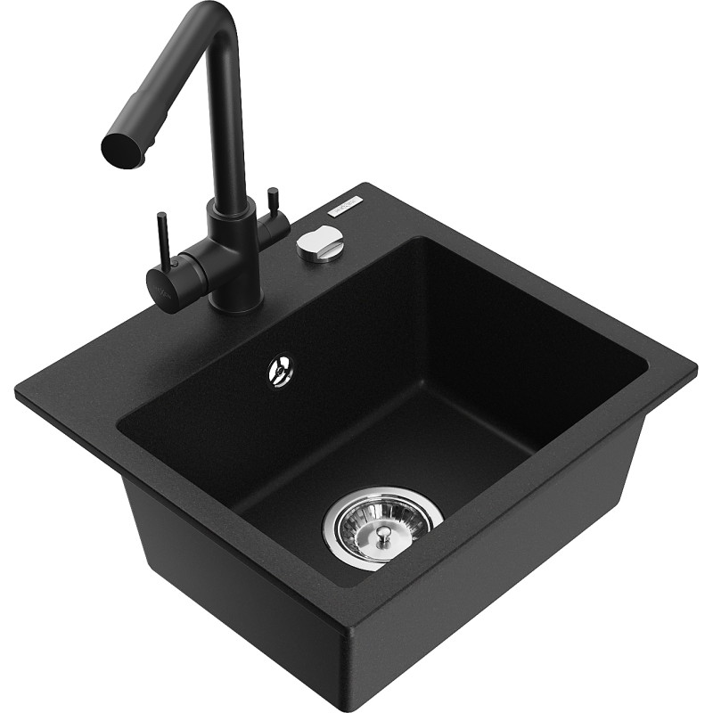 Mexen Milo 1-bowl granite sink with Duero kitchen faucet, black - 6505-77-671600-70