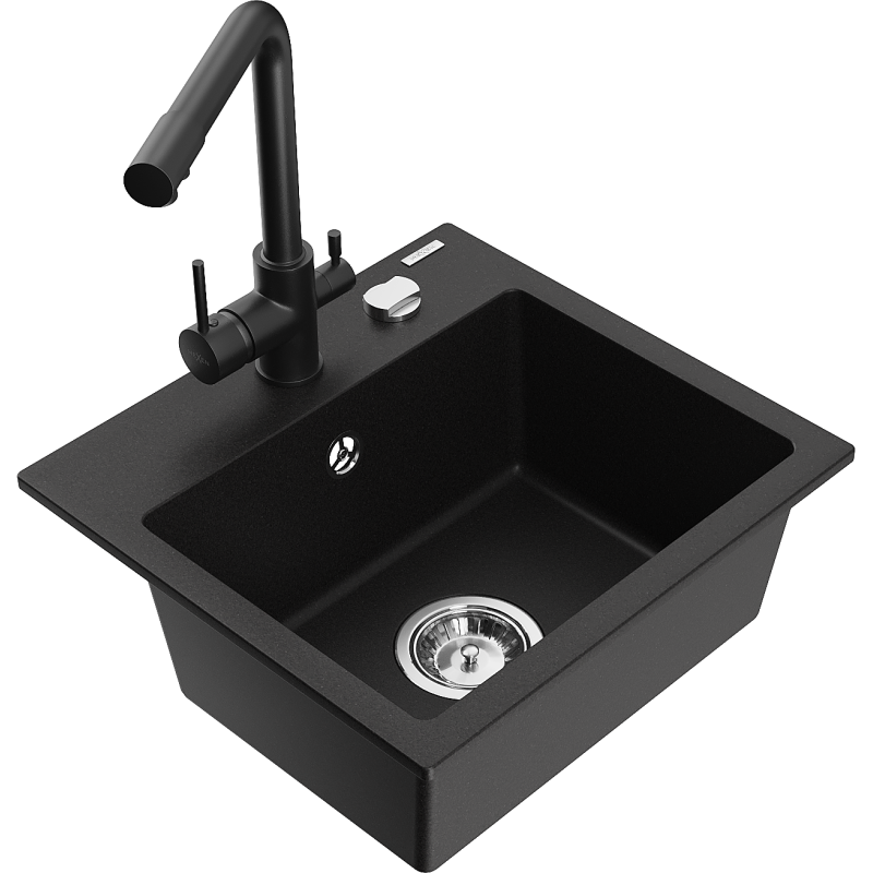 Mexen Milo granite sink 1-bowl with Duero kitchen tap, black - 6505-77-671600-70