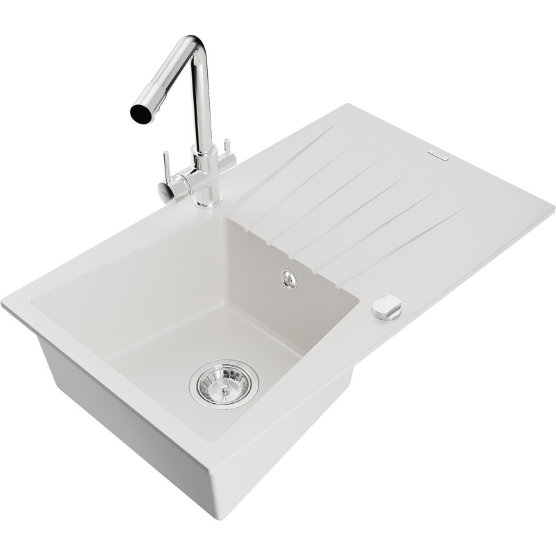 Mexen Cesar granite kitchen sink 1-bowl with drainer and kitchen faucet Duero, white - 6514-20-671600-00