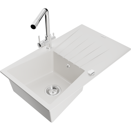 Mexen Cesar granite sink with 1 compartment, drainer and Duero kitchen tap, white - 6514-20-671600-00