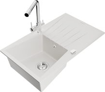 Mexen Cesar granite sink with 1 compartment, drainer and Duero kitchen tap, white - 6514-20-671600-00