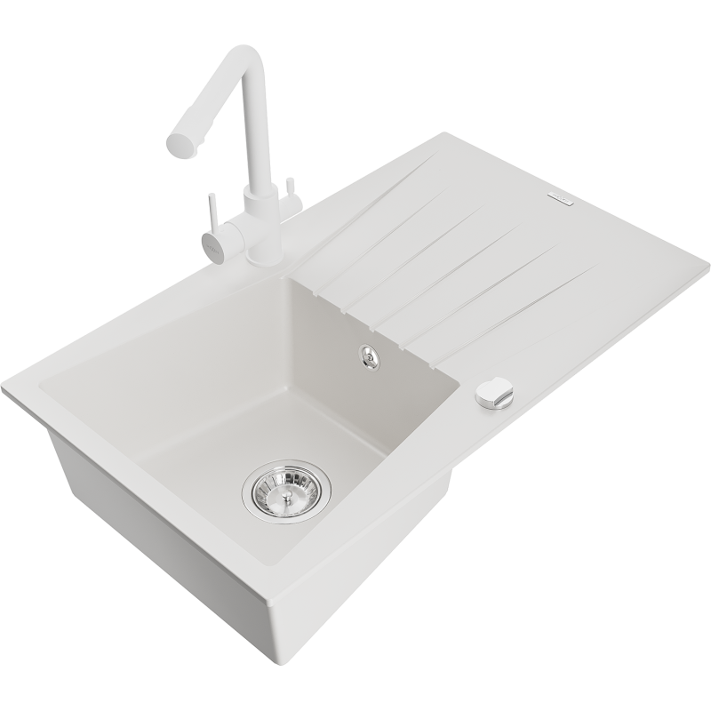 Mexen Cesar 1-bowl granite sink with drainer and Duero kitchen tap, white - 6514-20-671600-20