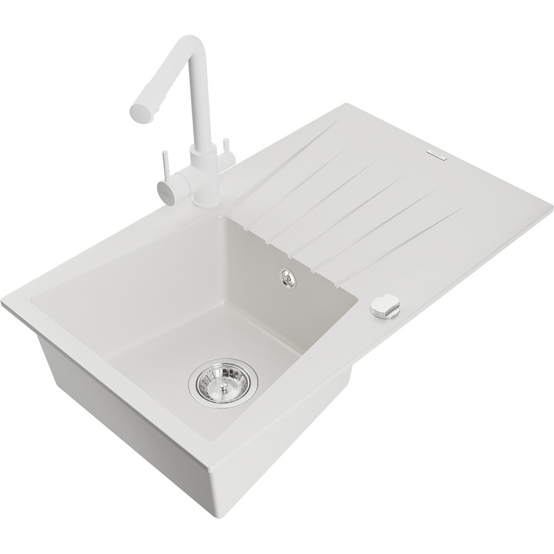 Mexen Cesar granite kitchen sink 1-bowl with drainer and Duero kitchen faucet, white - 6514-20-671600-20