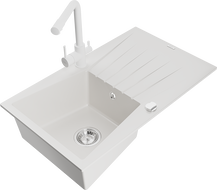 Mexen Cesar granite kitchen sink 1-bowl with drainer and Duero kitchen faucet, white - 6514-20-671600-20