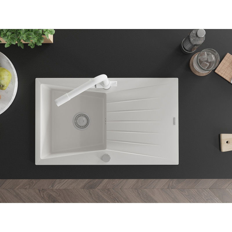 Mexen Cesar 1-bowl granite sink with drainer and Duero kitchen tap, white - 6514-20-671600-20
