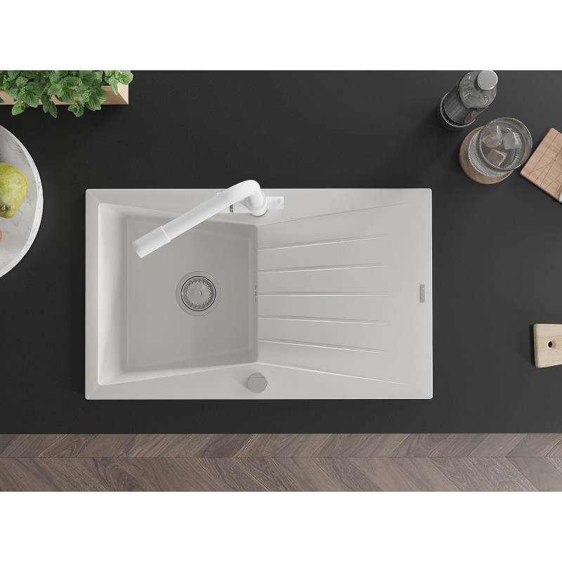 Mexen Cesar granite kitchen sink 1-bowl with drainer and Duero kitchen faucet, white - 6514-20-671600-20