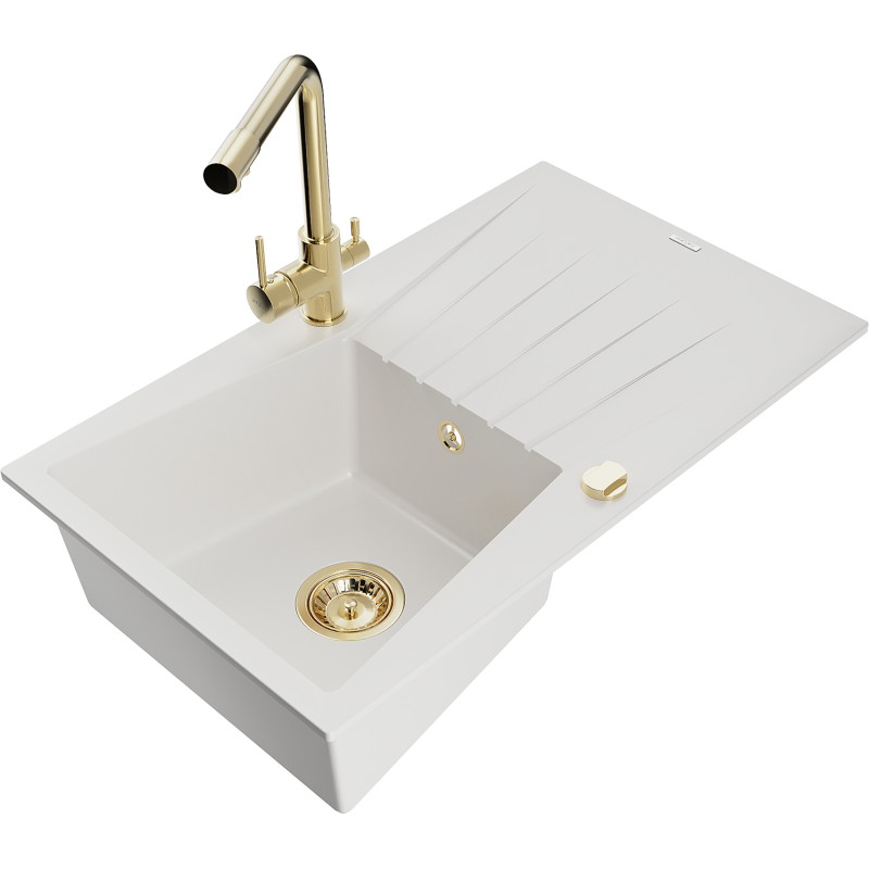 Mexen Cesar granite kitchen sink with single bowl, drainer, and kitchen faucet Duero, white - 6514-20-671600-50