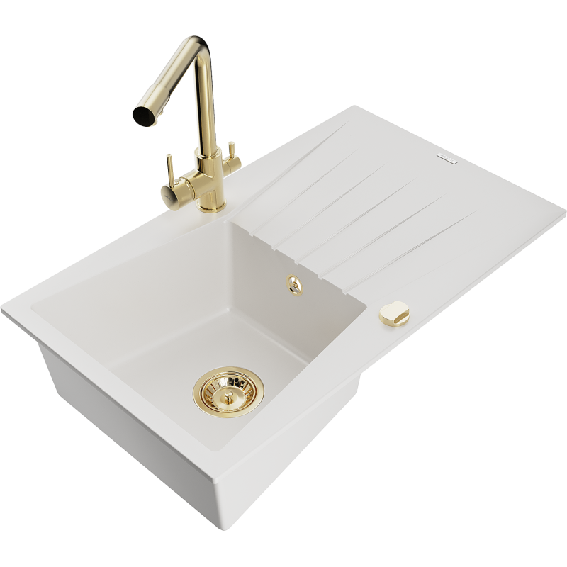 Mexen Cesar single-bowl granite sink with drainer and Duero kitchen tap, white - 6514-20-671600-50