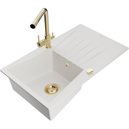 Mexen Cesar 1-compartment granite sink with a drip tray and kitchen mixer tap Duero, White - 6514-20-671600-50