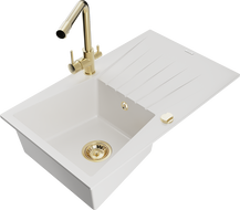 Mexen Cesar single-bowl granite sink with drainer and Duero kitchen tap, white - 6514-20-671600-50