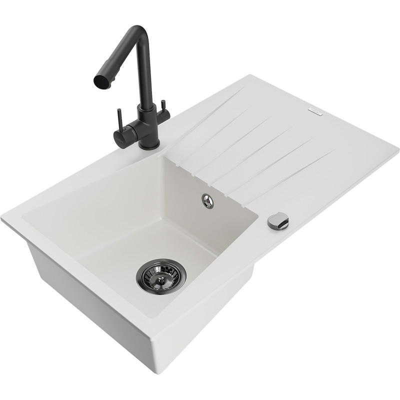Mexen Cesar 1-bowl granite sink with drainer and Duero kitchen faucet, white - 6514-20-671600-70