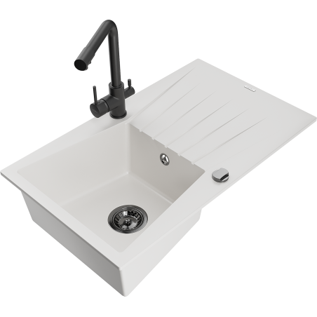 Mexen Cesar granite kitchen sink 1-bowl with drainer and Duero kitchen faucet, white - 6514-20-671600-70