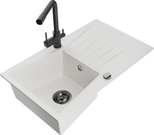 Mexen Cesar 1-bowl granite sink with drainer and Duero kitchen tap, white - 6514-20-671600-70