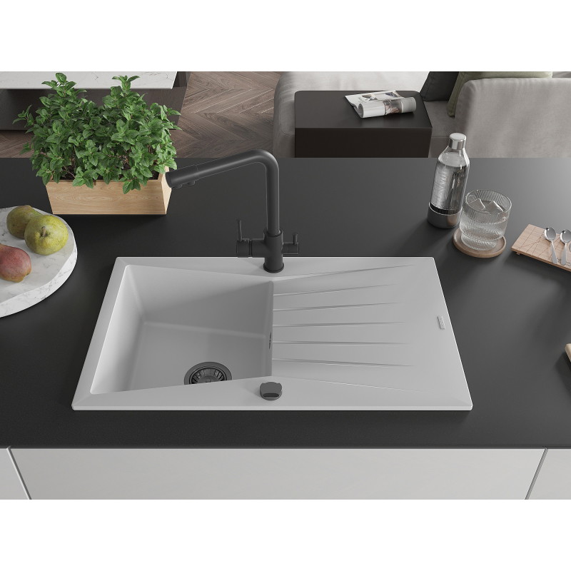 Mexen Cesar 1-bowl granite sink with drainer and Duero kitchen faucet, white - 6514-20-671600-70