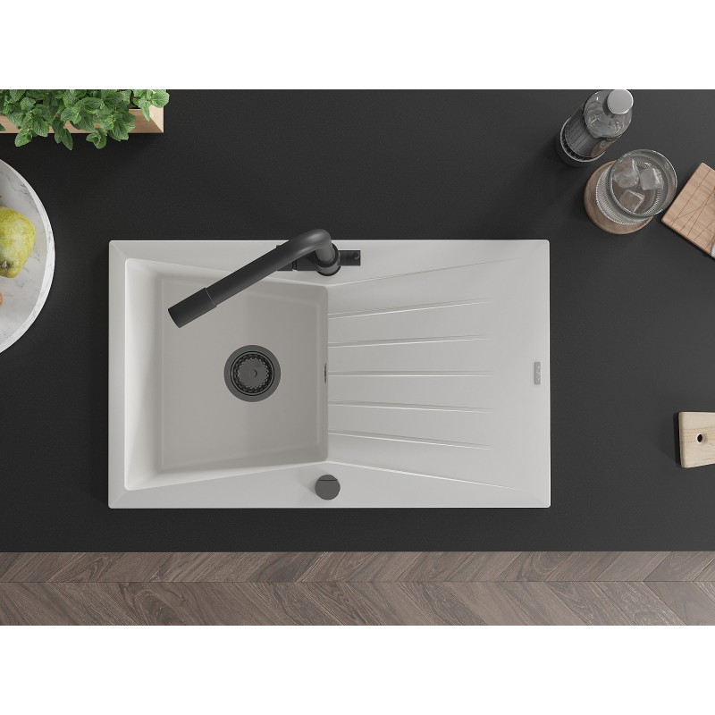 Mexen Cesar 1-bowl granite sink with drainer and Duero kitchen faucet, white - 6514-20-671600-70