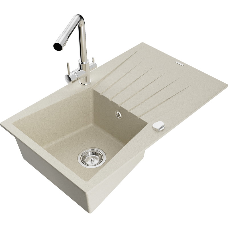 Mexen Cesar granite sink 1-bowl with drainer and kitchen faucet Duero, beige - 6514-69-671600-00