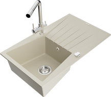 Mexen Cesar single-bowl granite sink with drainer and Duero kitchen tap, beige - 6514-69-671600-00