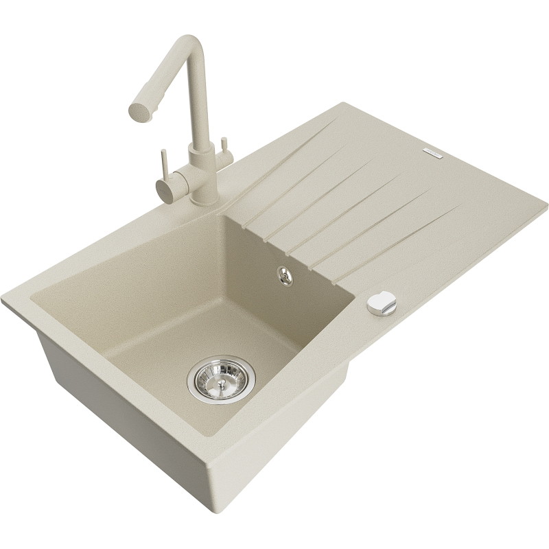 Mexen Cesar granite kitchen sink 1-bowl with drainer and Duero kitchen faucet, beige - 6514-69-671600-69