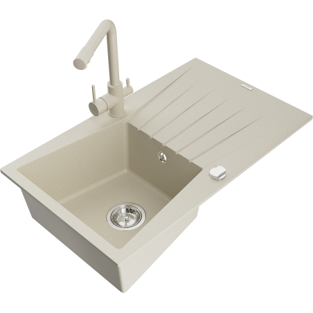 Mexen Cesar 1-compartment granite sink with a drip tray and kitchen mixer tap Duero, Beige - 6514-69-671600-69