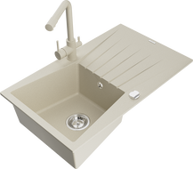 Mexen Cesar granite kitchen sink 1-bowl with drainer and Duero kitchen faucet, beige - 6514-69-671600-69