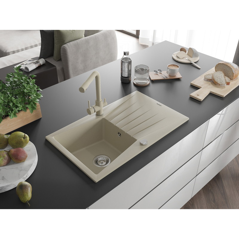 Mexen Cesar granite kitchen sink 1-bowl with drainer and Duero kitchen faucet, beige - 6514-69-671600-69