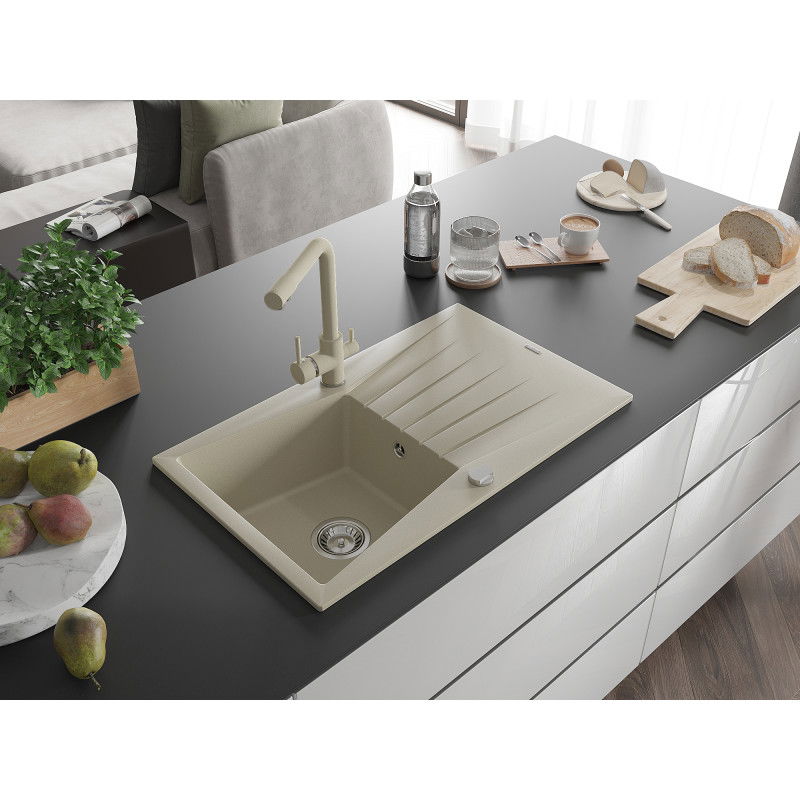 Mexen Cesar granite kitchen sink 1-bowl with drainer and Duero kitchen tap, beige - 6514-69-671600-69