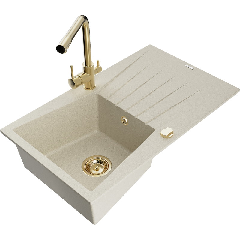 Mexen Cesar 1-bowl granite sink with drainer and Duero kitchen faucet, beige - 6514-69-671600-50