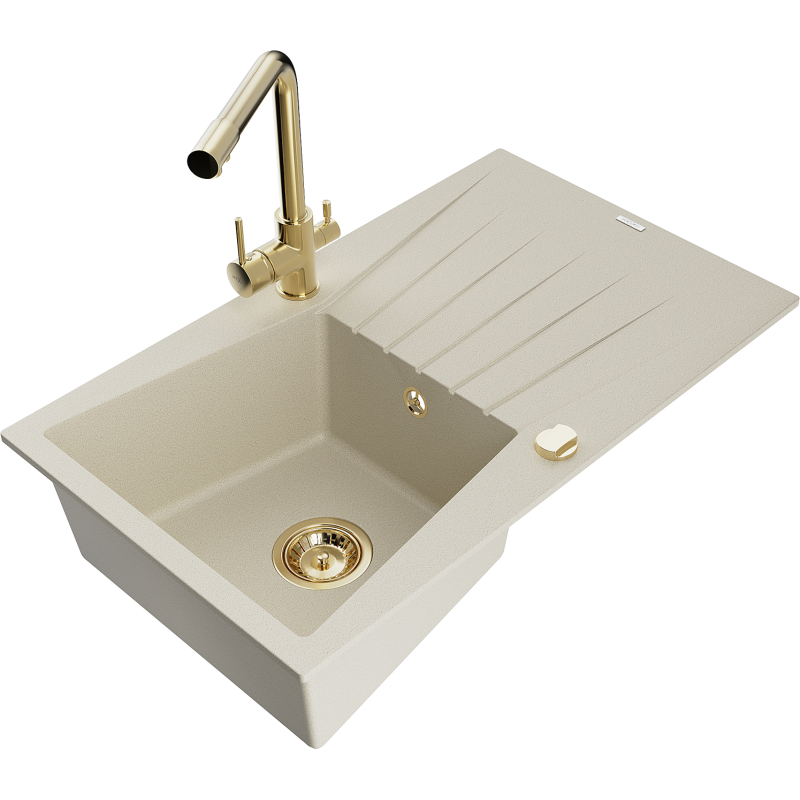 Mexen Cesar 1-compartment granite sink with a drip tray and kitchen mixer tap Duero, Beige - 6514-69-671600-50